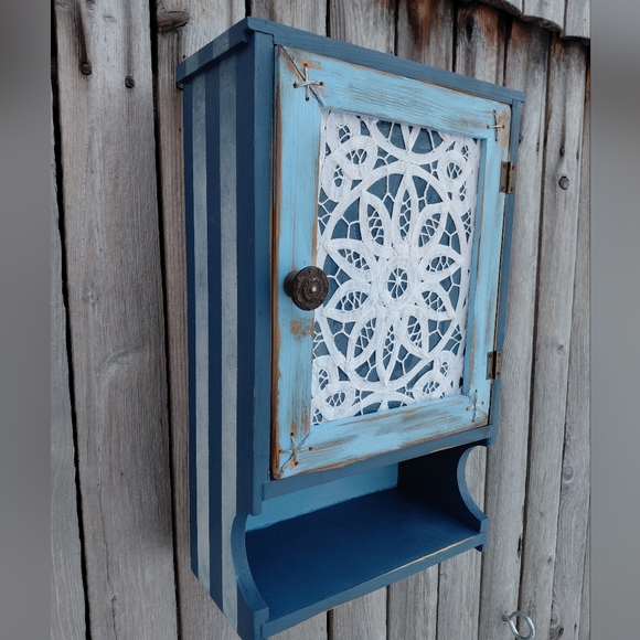 Vintage 60s navy blue white painted wooden cupboard cabinet shelf & hinged door